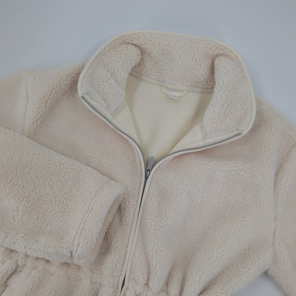 ZELLA Women Sz M Cream Sherpa Fleece Cinched Waist Full Zip Teddy Jacket Ct NWOT